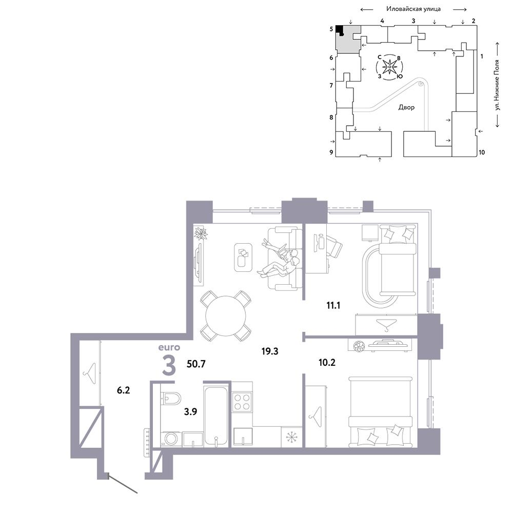 3-комнатная 50 м2 в ЖК Страна.Заречная корпус null этаж 10