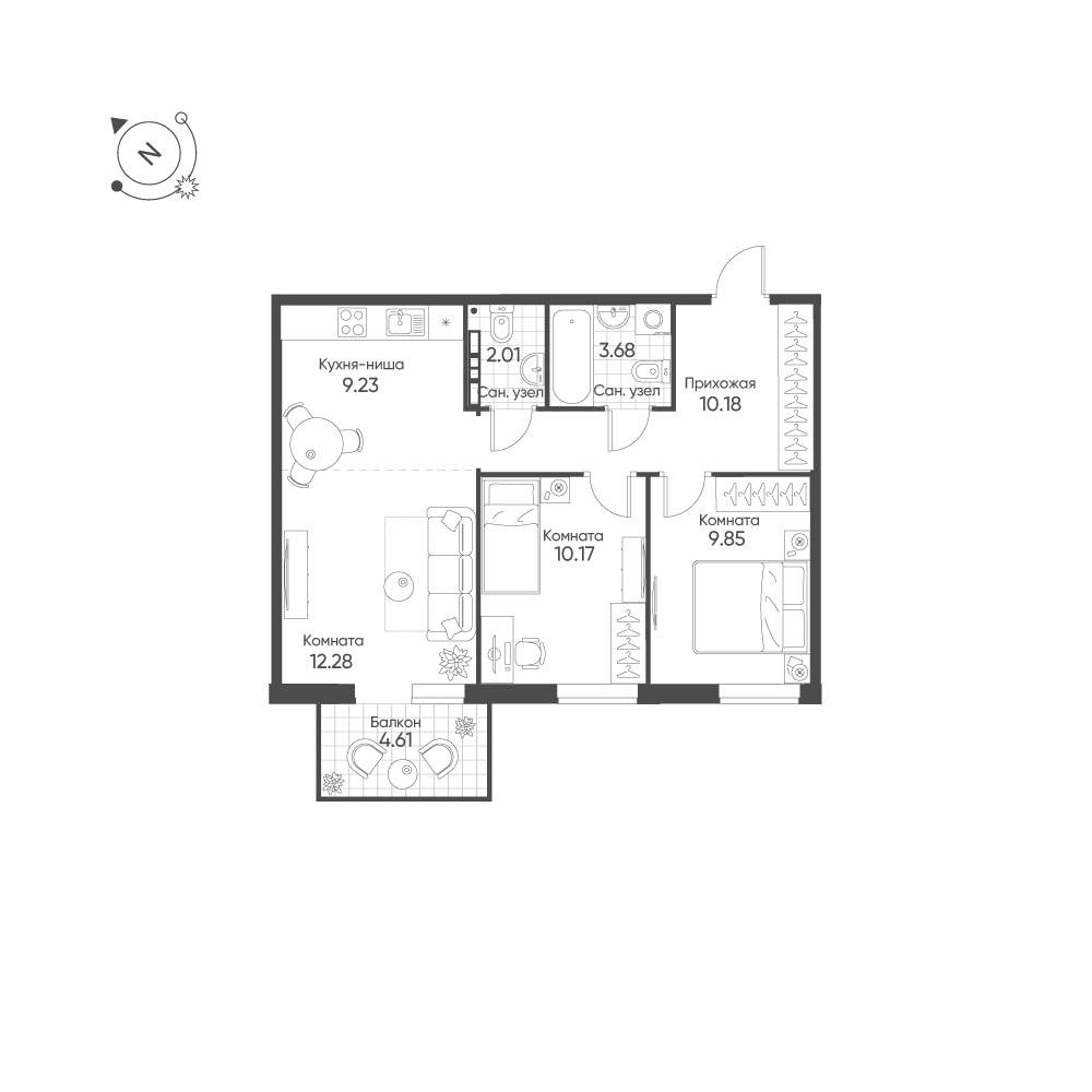 3-комнатная 58 м2 в ЖК Балтым-Парк корпус null этаж 2