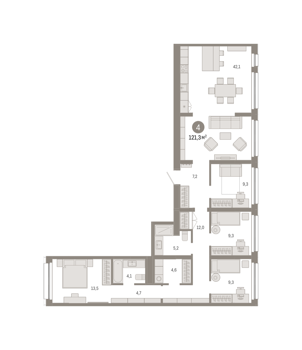 4-комнатная 121 м2 в ЖК Квартал Нефть корпус null этаж 2