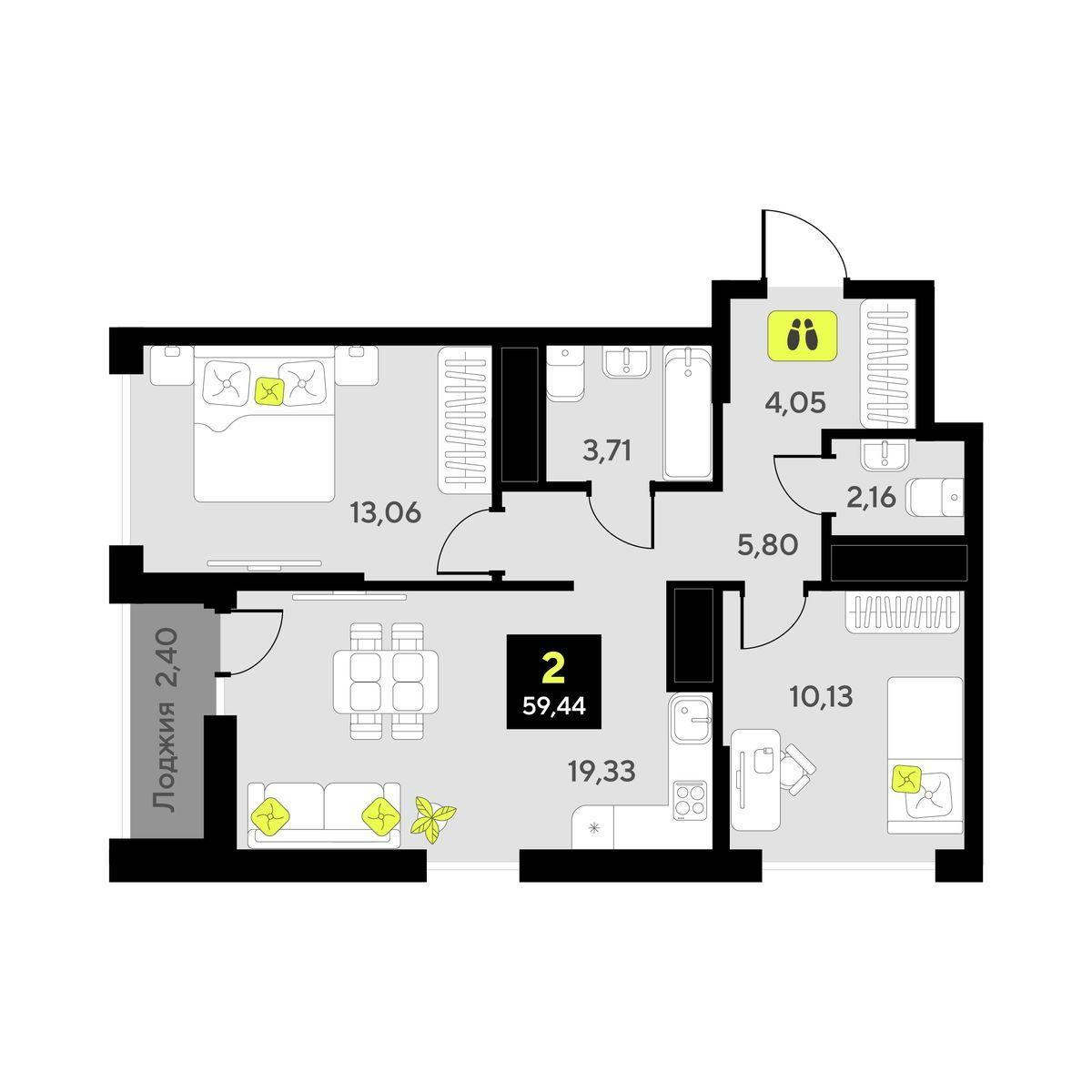 2-комнатная 59 м2 в ЖК Мотивы корпус null этаж 14