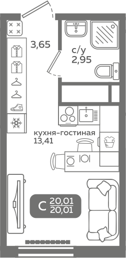 Студия 20 м2 в ЖК Меридиан Слобода корпус null этаж 15
