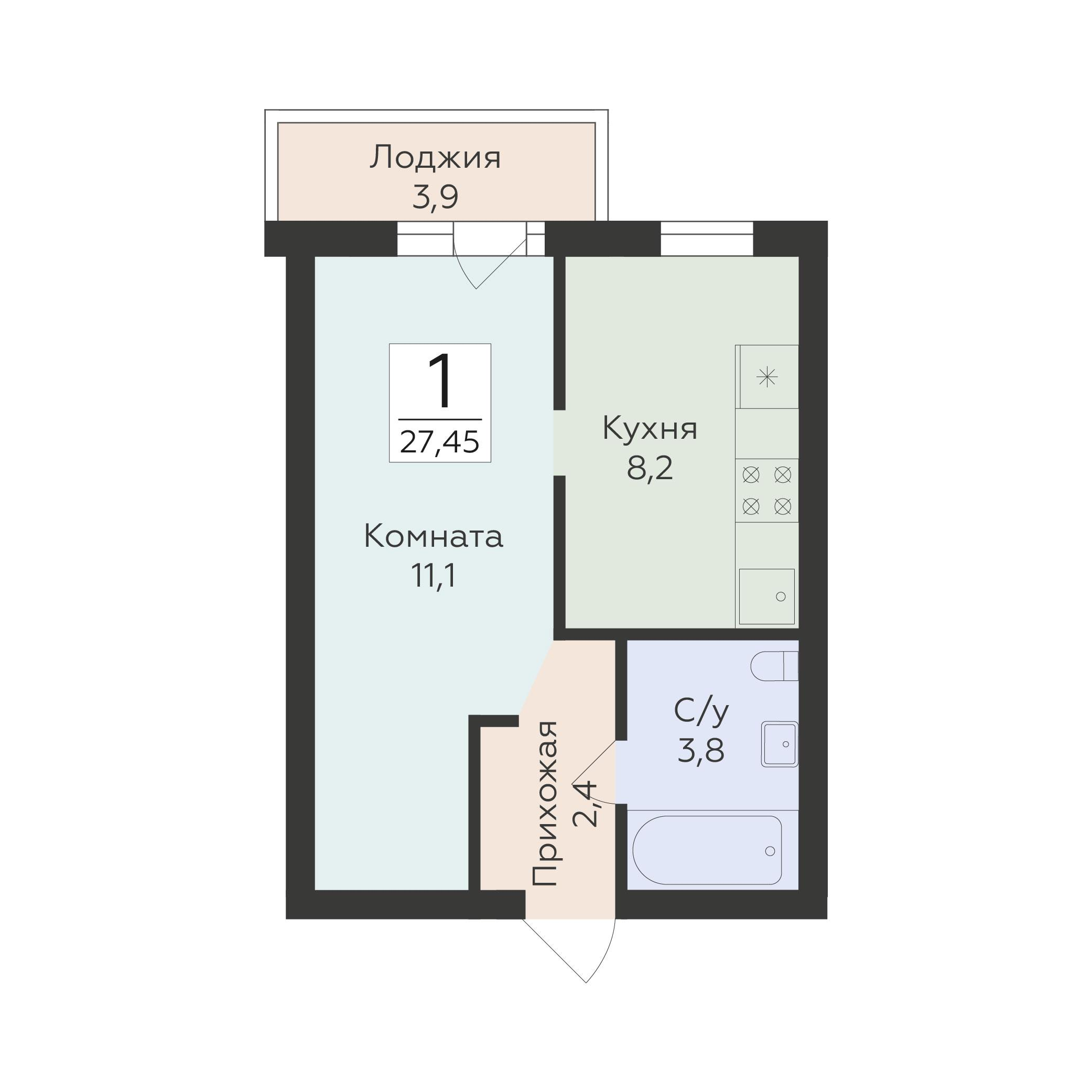 1-комнатная 27 м2 в ЖК Классики корпус null этаж 7