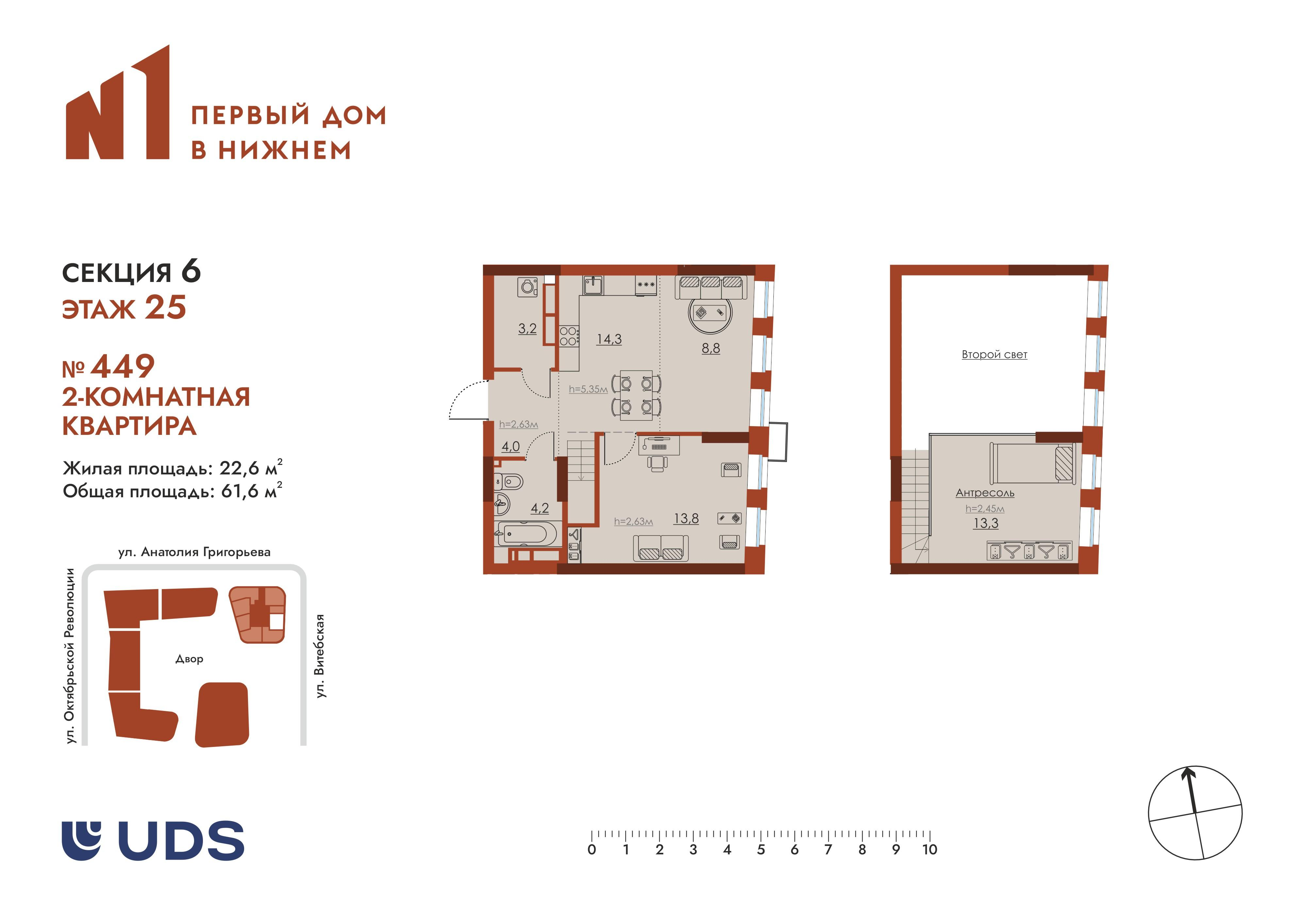 2-комнатная 61 м2 в ЖК N1 Первый дом в Нижнем корпус null этаж 25