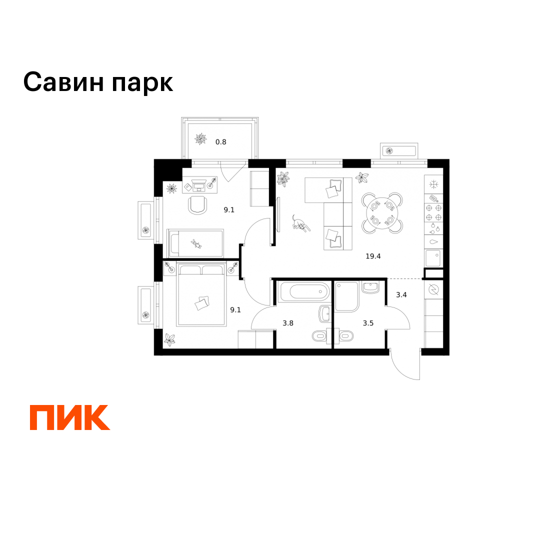 2-комнатная 49 м2 в ЖК Савин парк корпус null этаж 10