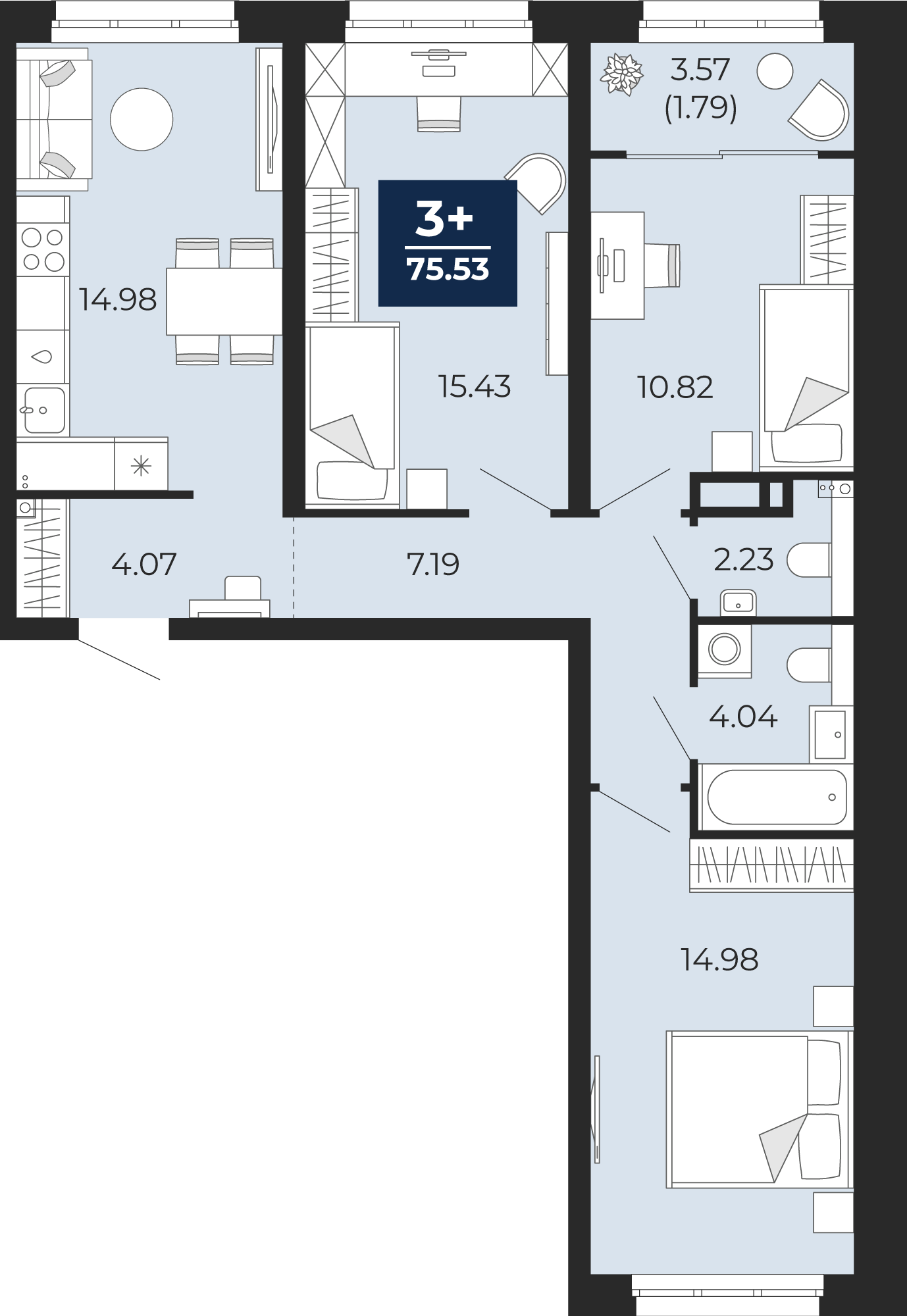 3-комнатная 73 м2 в ЖК Беринг корпус null этаж 7