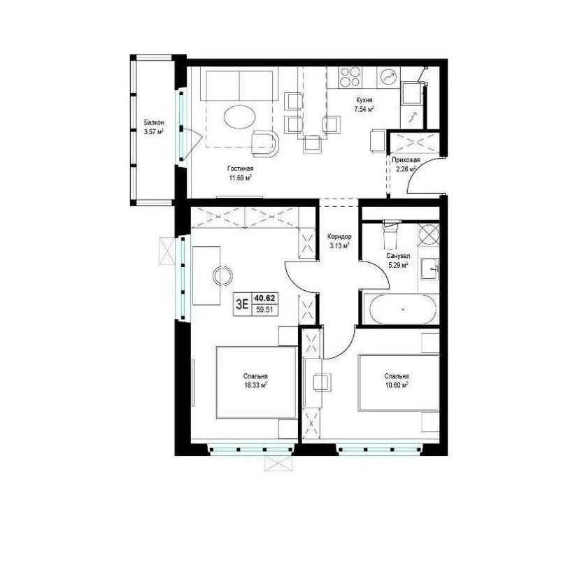 3-комнатная 59.9 м2 в ЖК undefined корпус null этаж 11