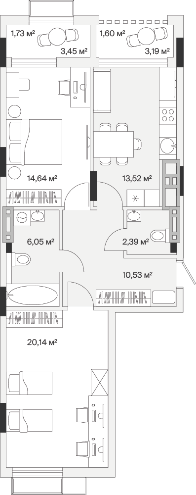 2-комнатная 70 м2 в ЖК АЭРО корпус null этаж 7