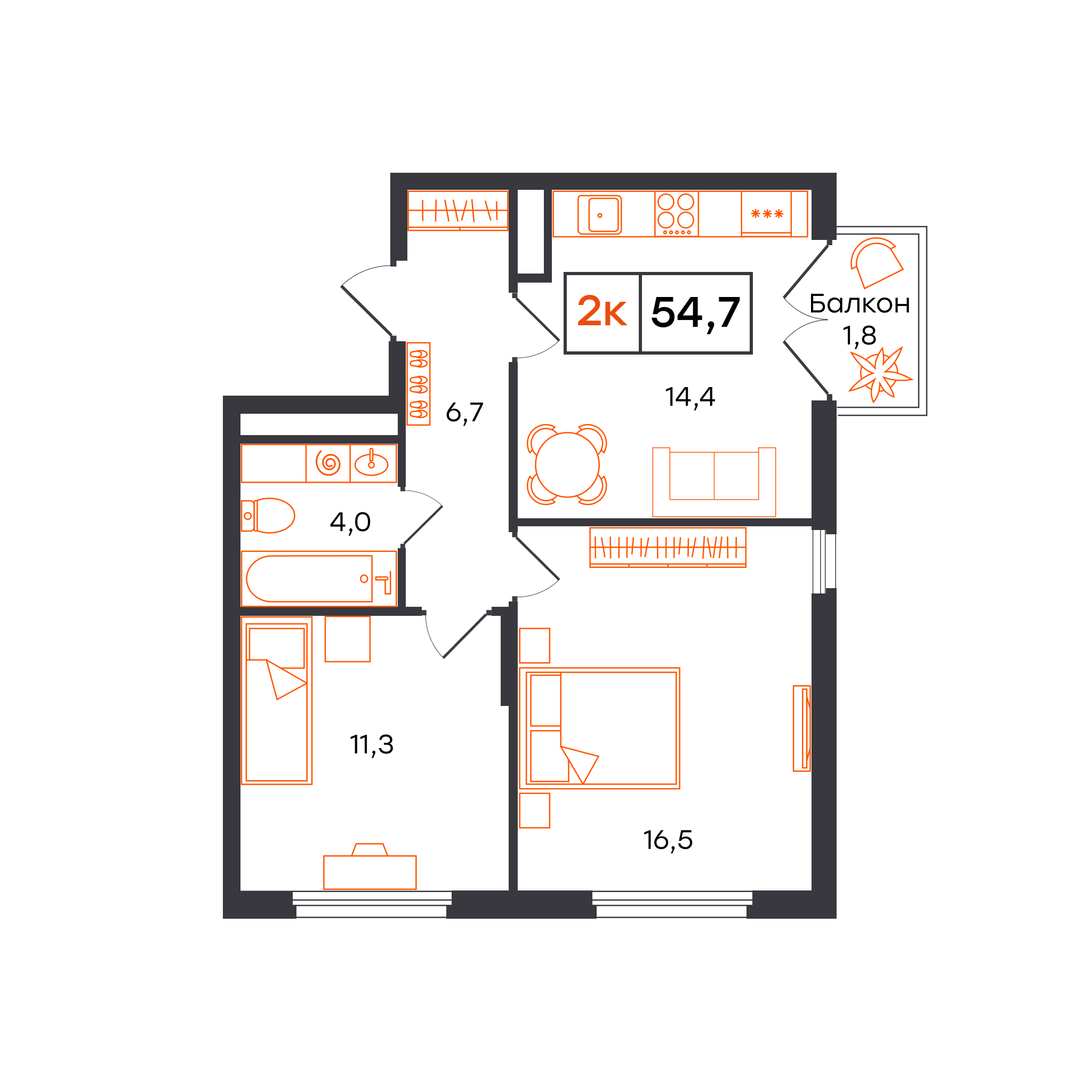 2-комнатная 54 м2 в ЖК Отличие корпус null этаж 3