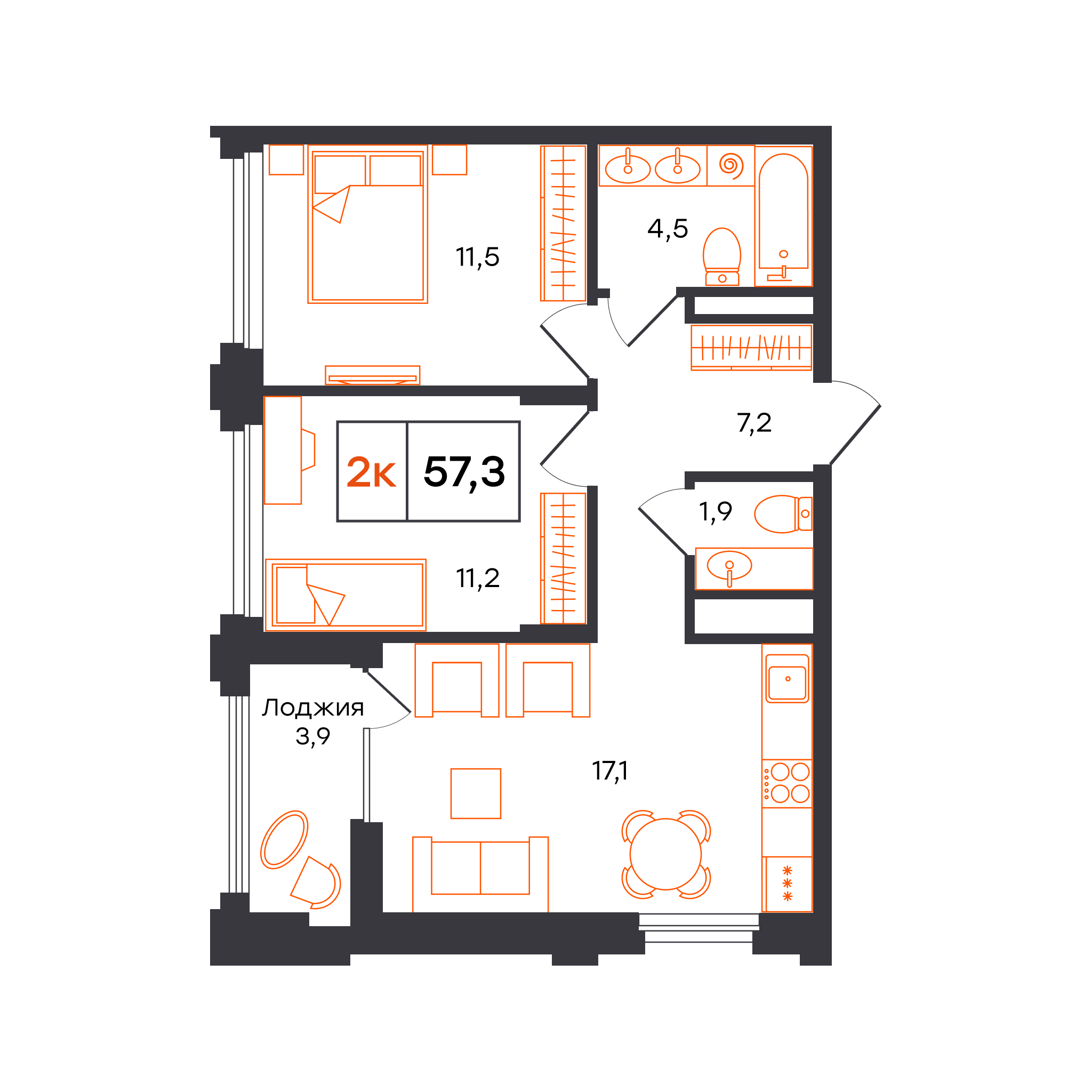 2-комнатная 57 м2 в ЖК Александровский корпус null этаж 4