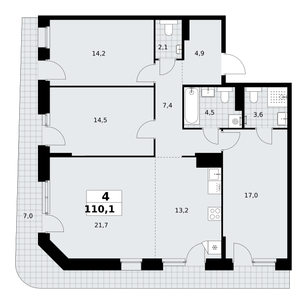 4-комнатная 110 м2 в ЖК Прокшино корпус null этаж 13