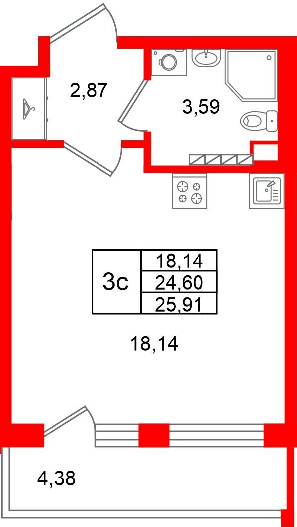 Студия 24 м2 в ЖК Универ Сити корпус null этаж 3