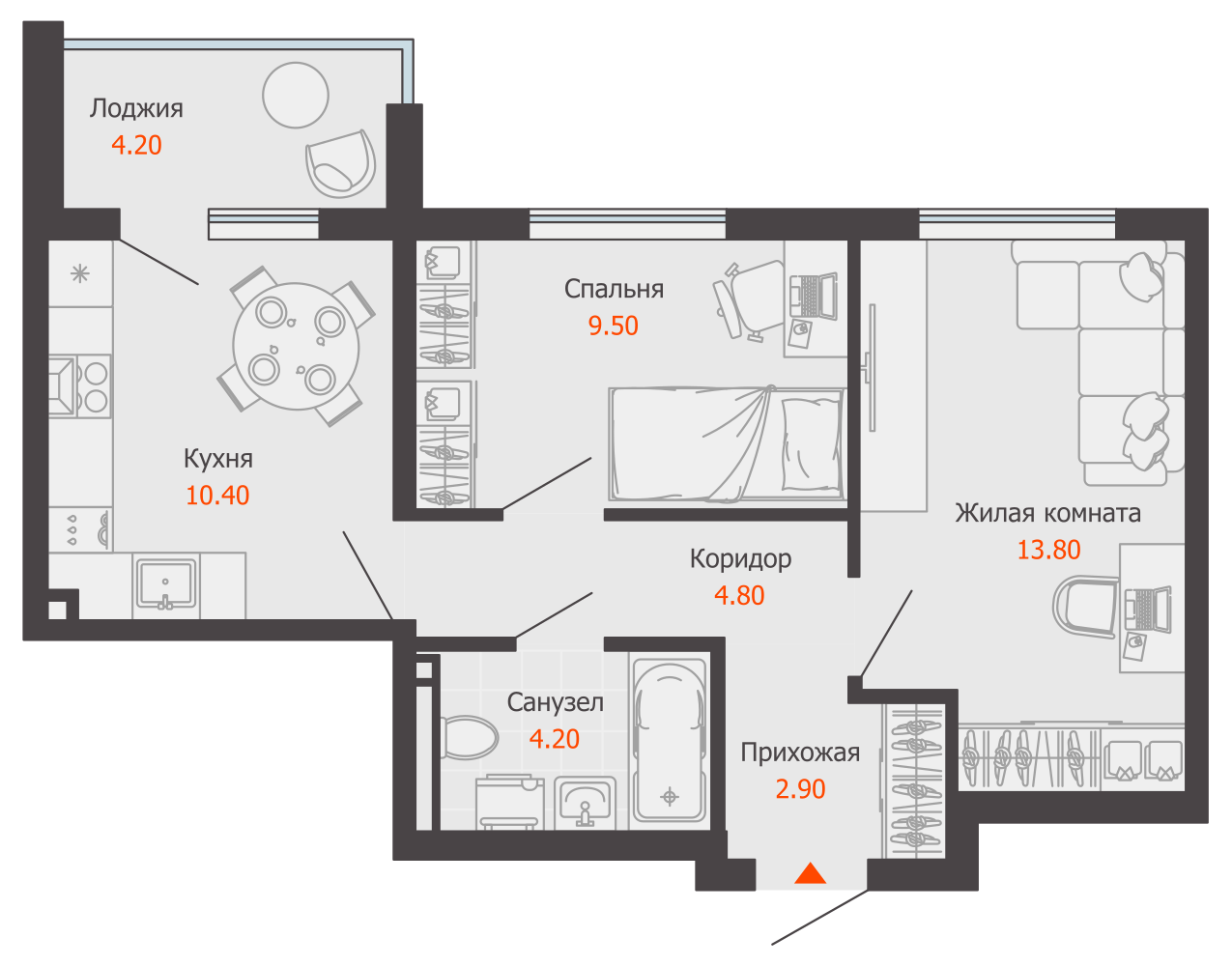 2-комнатная 48 м2 в ЖК ЖК Город Новаторов корпус null этаж 4
