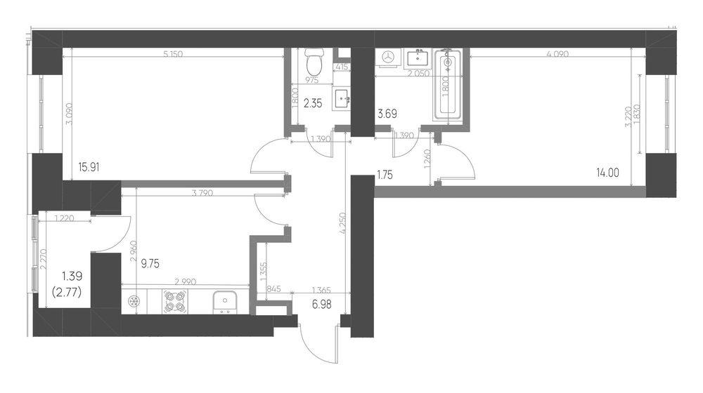 2-комнатная 55 м2 в ЖК Калина корпус null этаж 6
