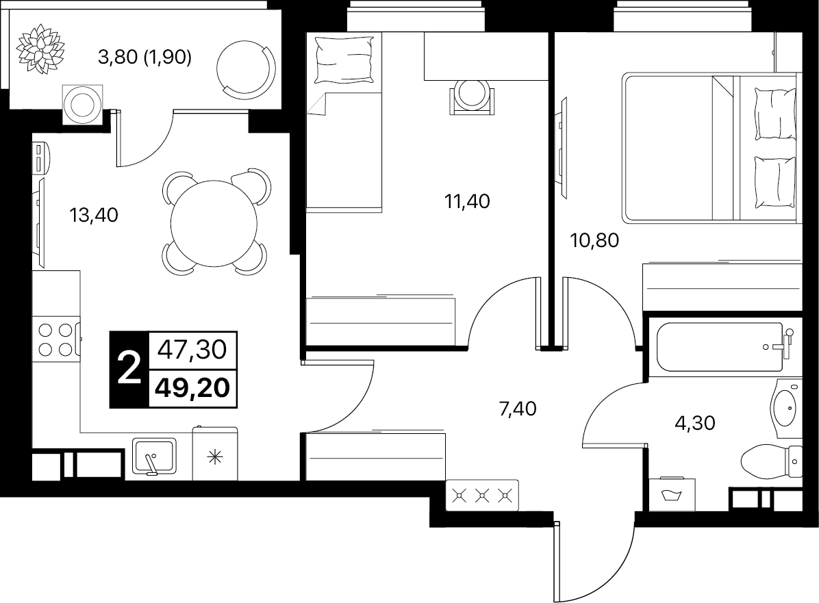 2-комнатная 49 м2 в ЖК Эстет корпус null этаж 9