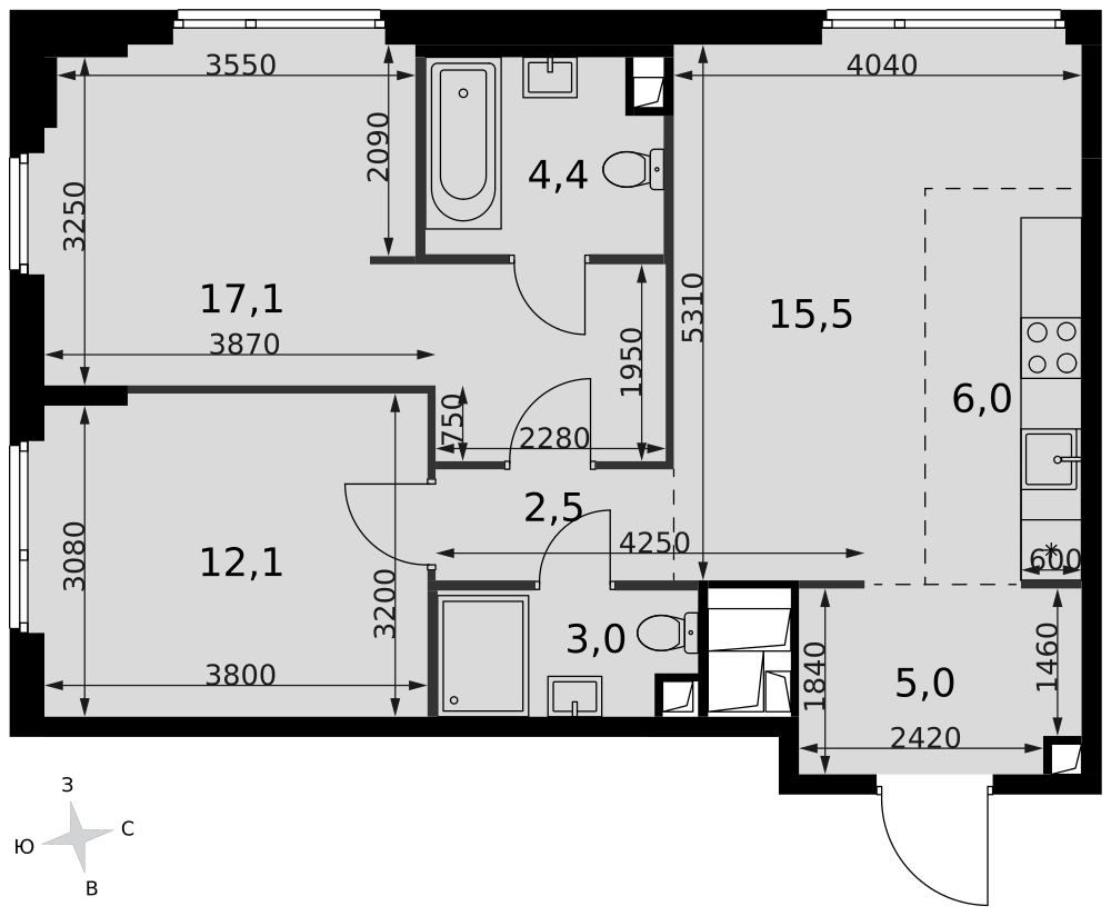 3-комнатная 65 м2 в ЖК Сидней Сити корпус null этаж 34