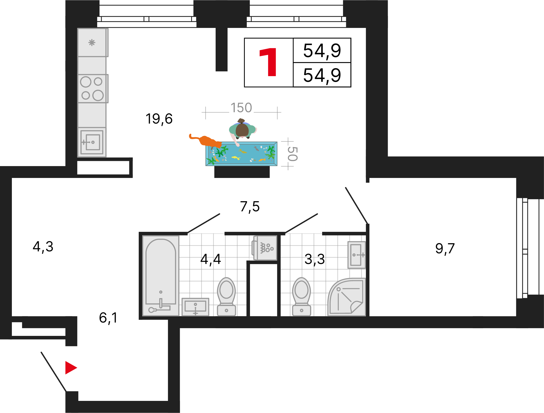 1-комнатная 54 м2 в ЖК Бестселлер корпус null этаж 16