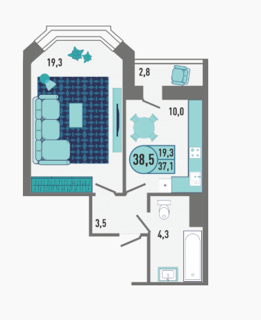 1-комнатная 38.5 м2 в ЖК undefined корпус null этаж 2