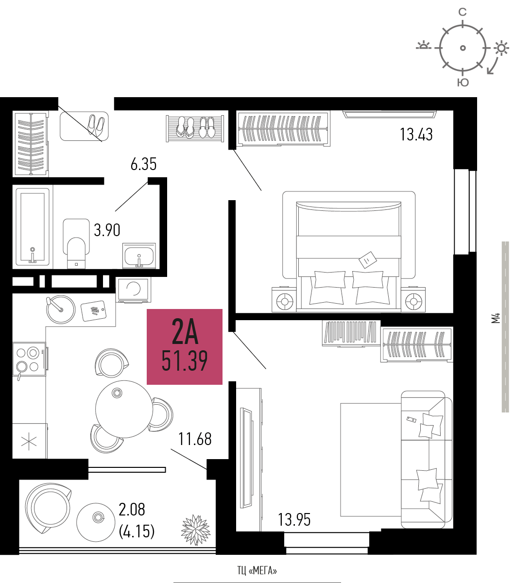 2-комнатная 51 м2 в ЖК Столицыно корпус null этаж 3