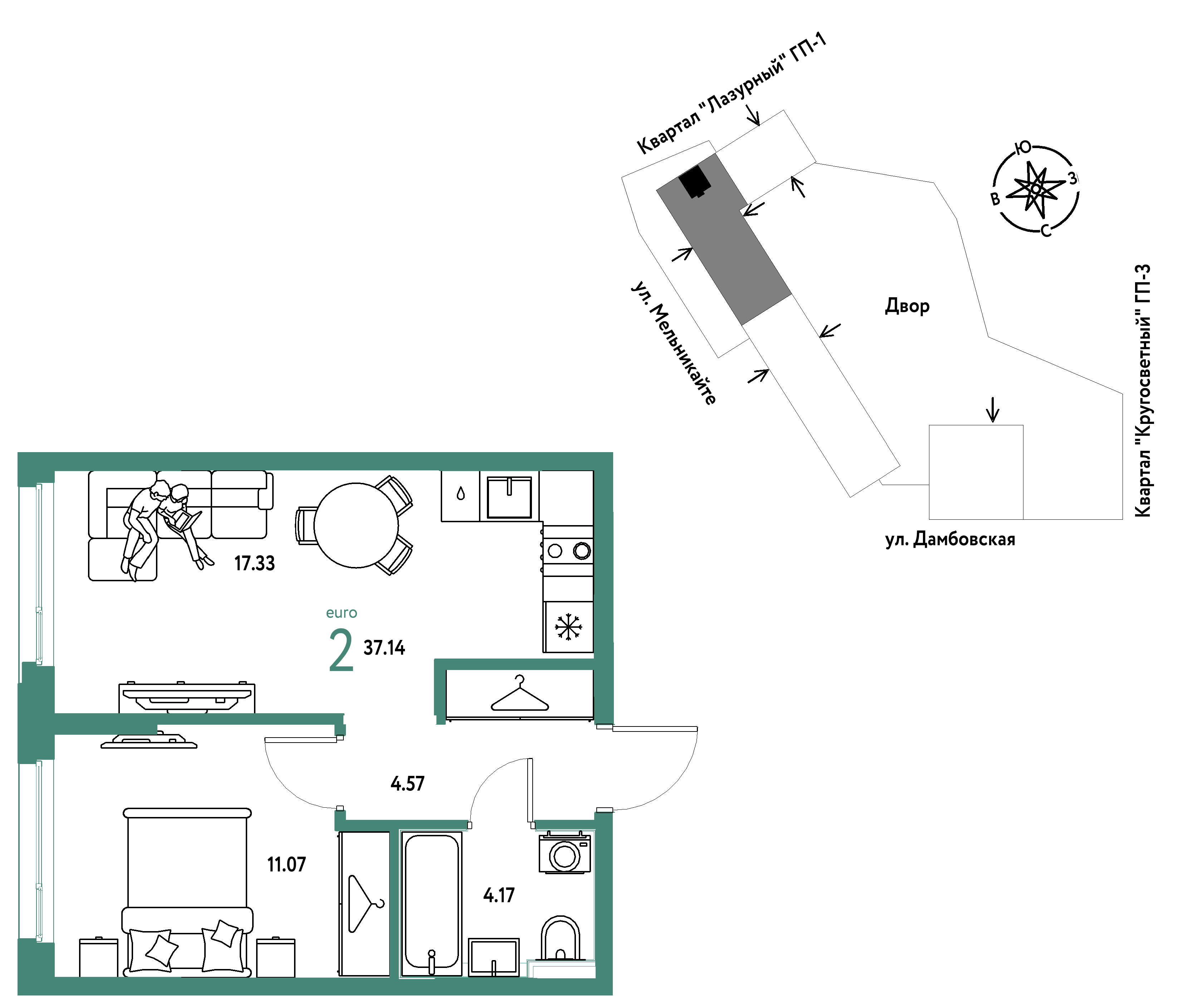 2-комнатная 37 м2 в ЖК Страна.Прибрежная корпус null этаж 3