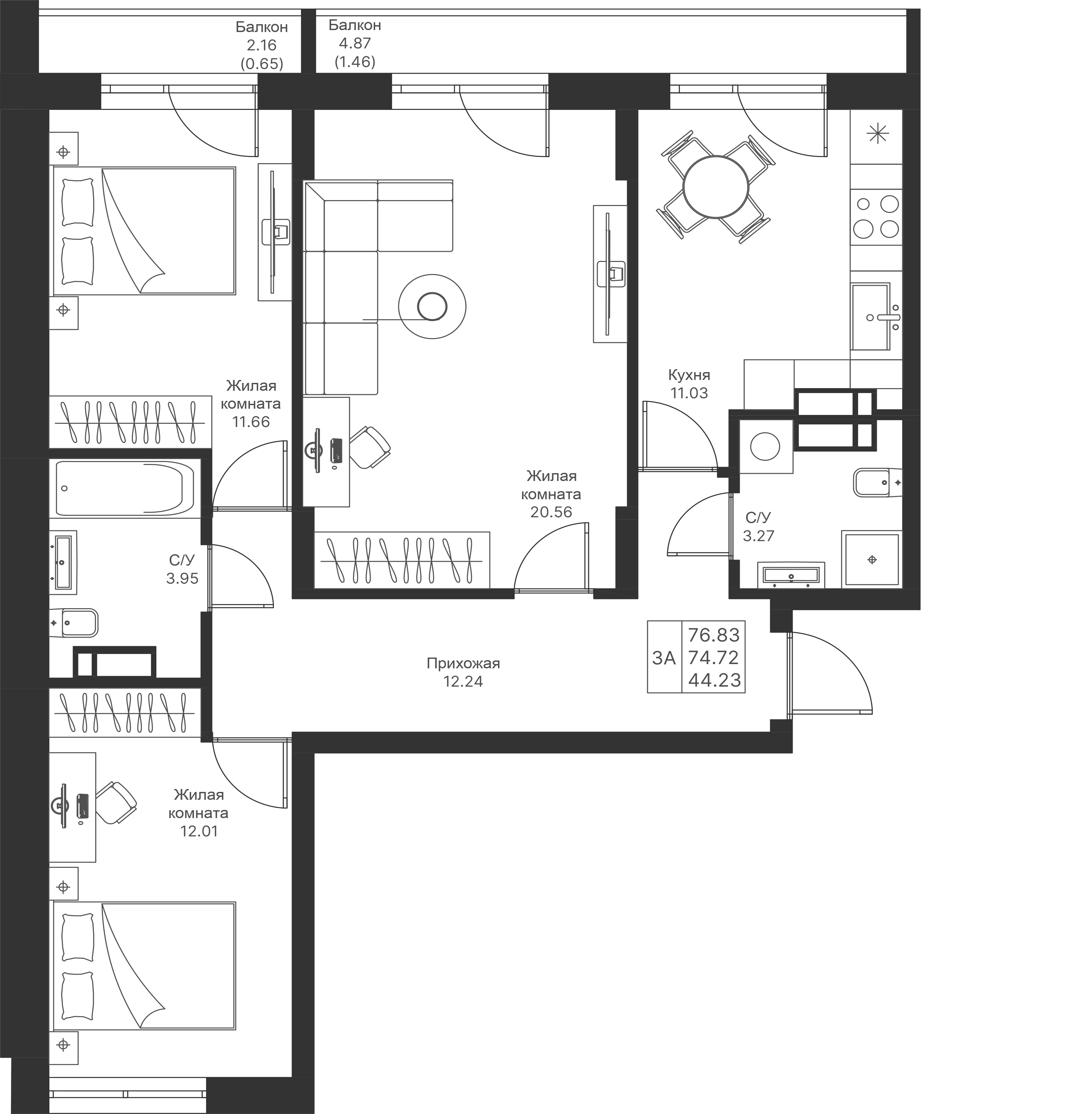 3-комнатная 76 м2 в ЖК Мой Ритм корпус null этаж 10