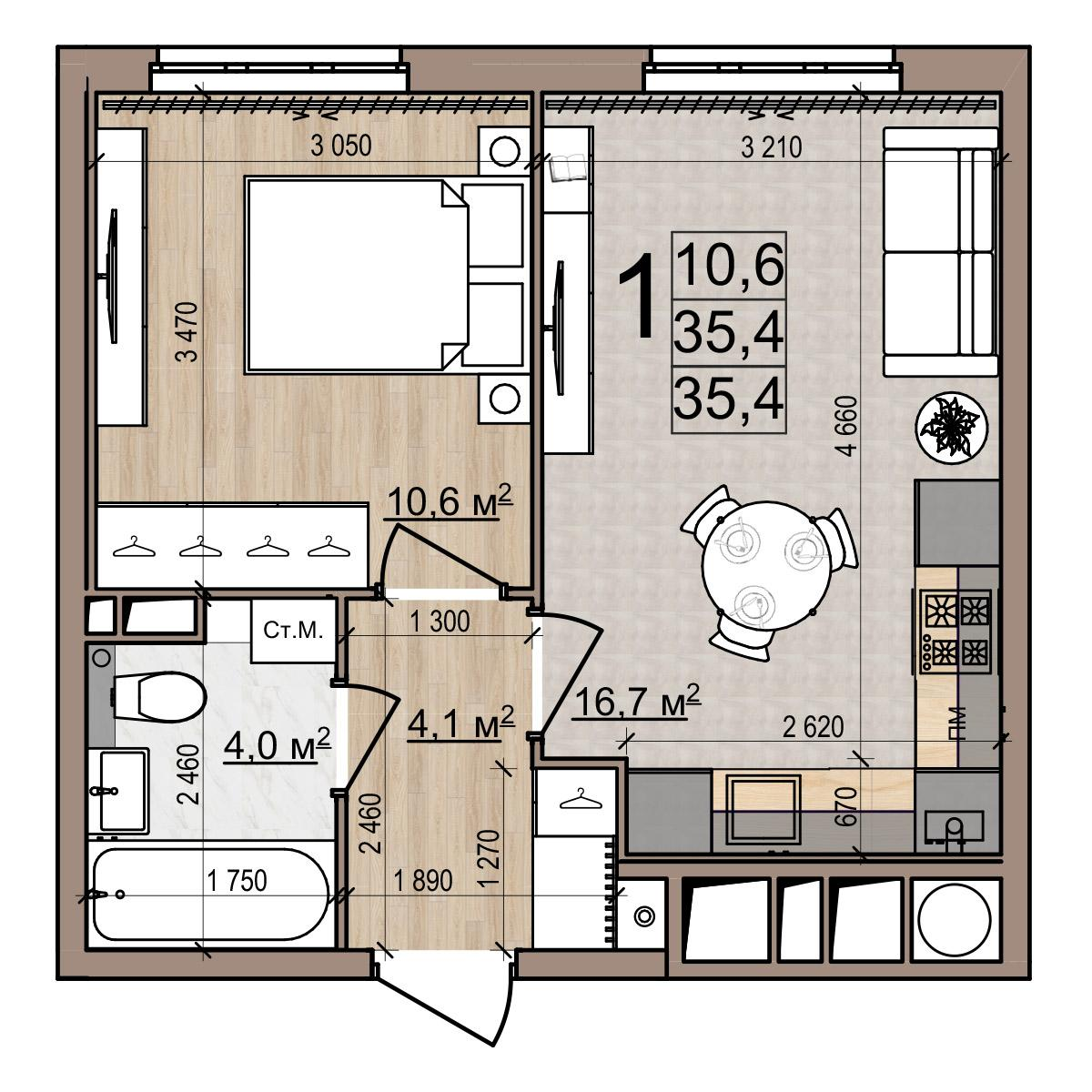 1-комнатная 38 м2 в ЖК Еврокласс-5 корпус null этаж 18