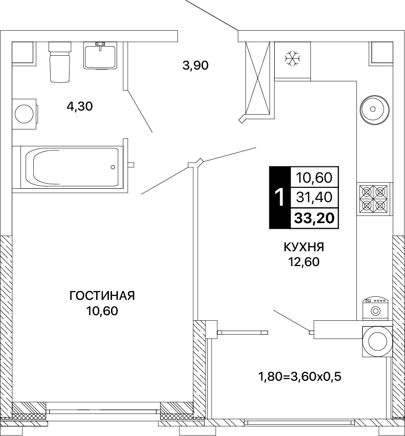 1-комнатная 33 м2 в ЖК Сияние корпус null этаж 2