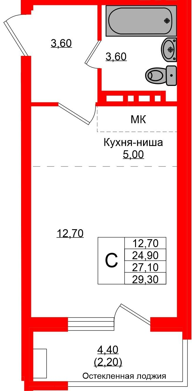 Студия 27 м2 в ЖК Кроны и Волны корпус null этаж 4