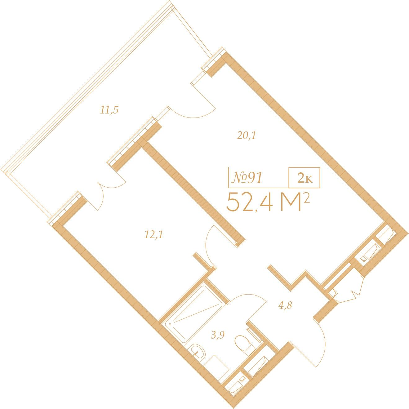 2-комнатная 52 м2 в ЖК Морелло корпус null этаж 7