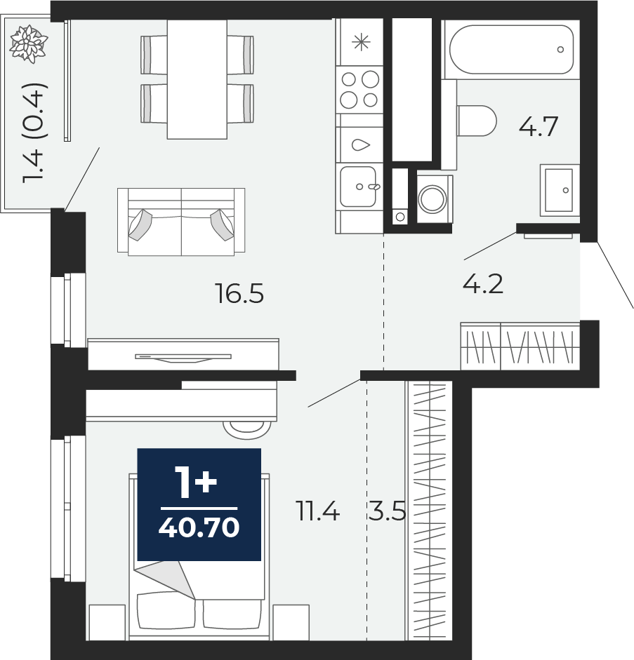 1-комнатная 40 м2 в ЖК Мириады корпус null этаж 14
