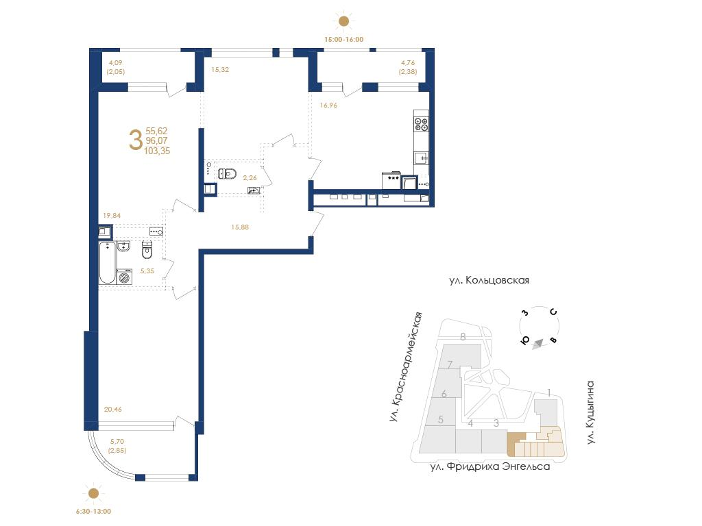 3-комнатная 103 м2 в ЖК Дом на Фридриха Энгельса корпус null этаж 5