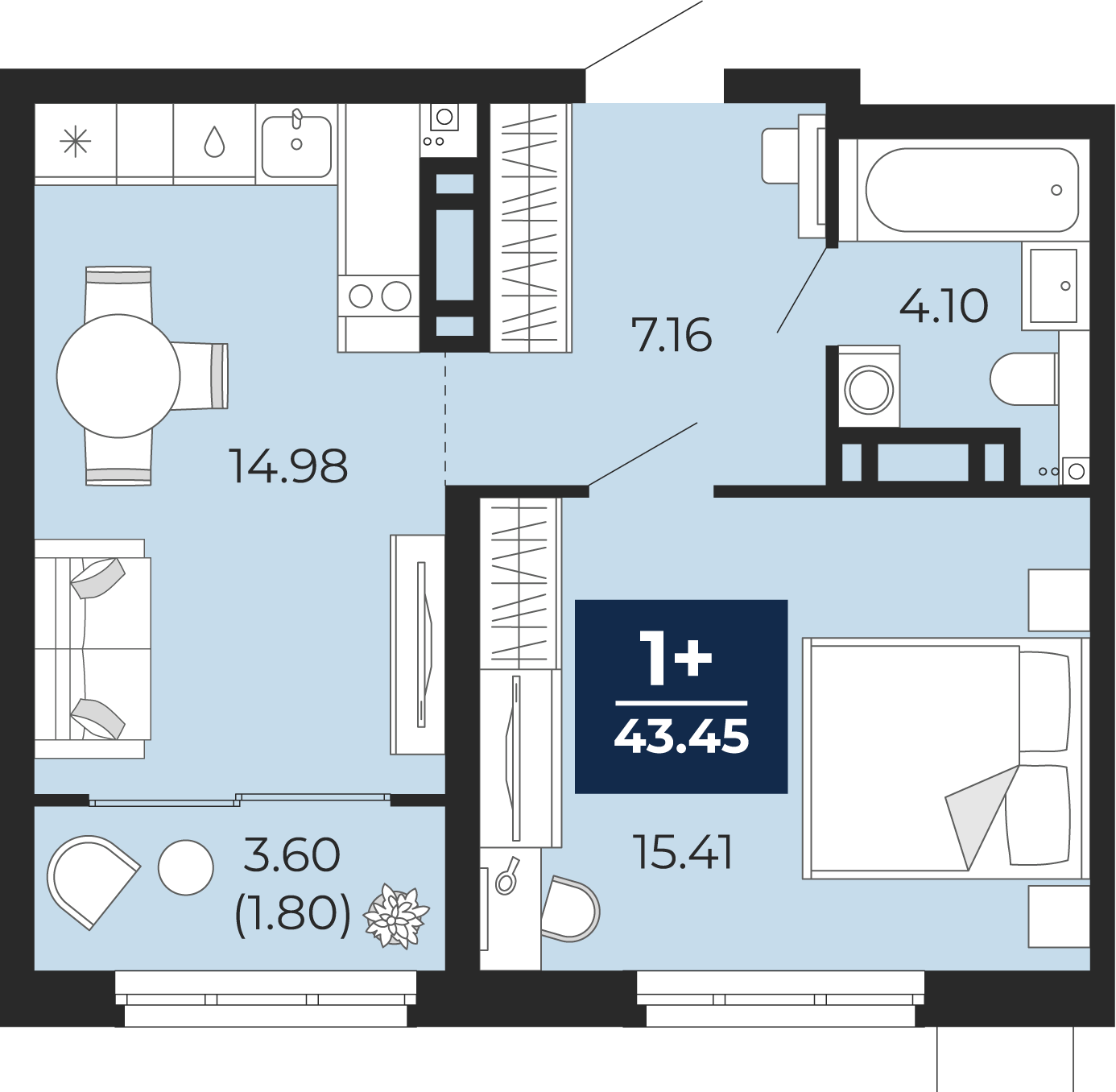 1-комнатная 41 м2 в ЖК Прео корпус null этаж 15