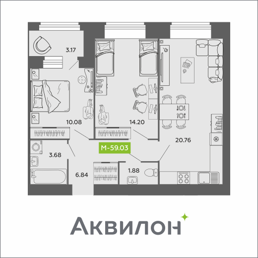 Студия 59 м2 в ЖК Аквилон ROSA корпус null этаж 8