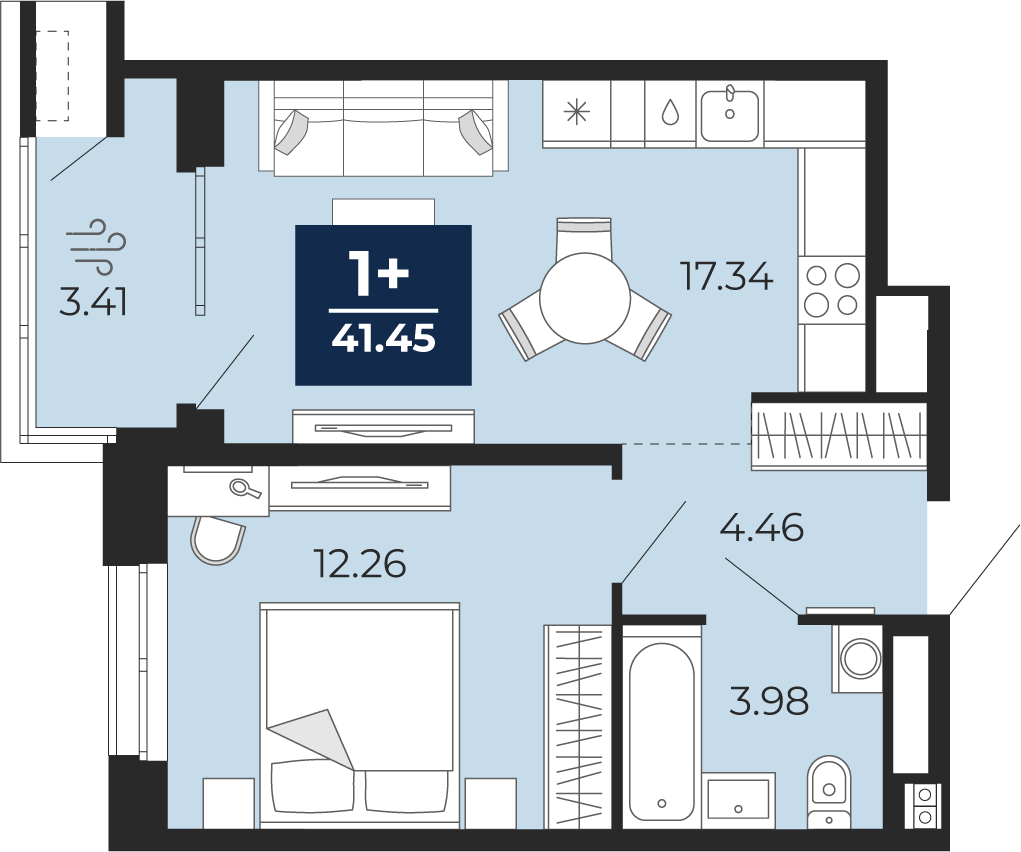 1-комнатная 38 м2 в ЖК Мириады корпус null этаж 3
