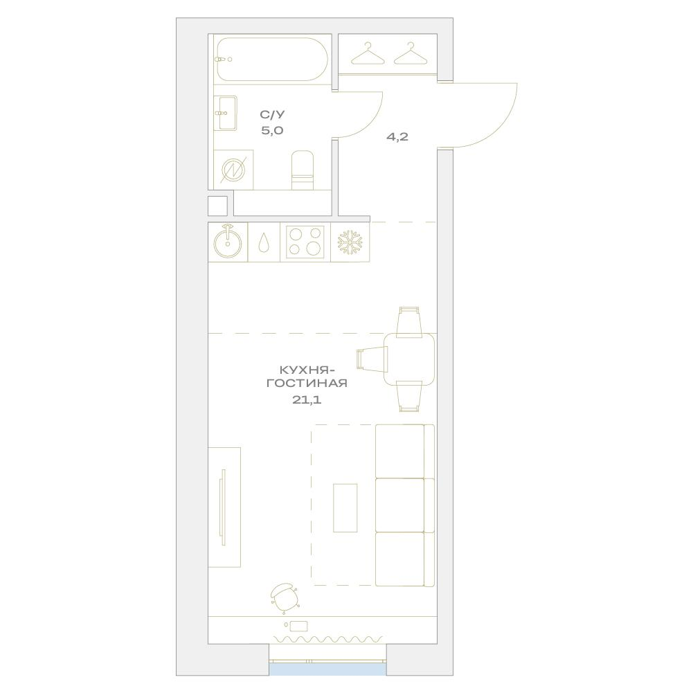 Студия 30 м2 в ЖК Детали корпус null этаж 2