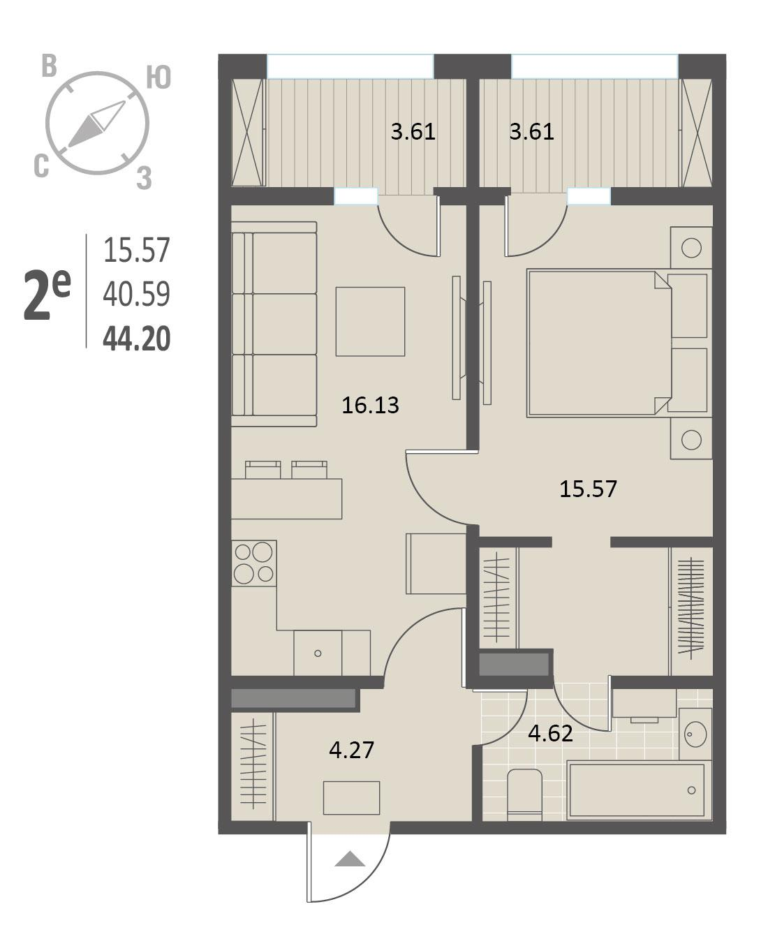 1-комнатная 44 м2 в ЖК Инстеп.Краснознаменная корпус null этаж 5