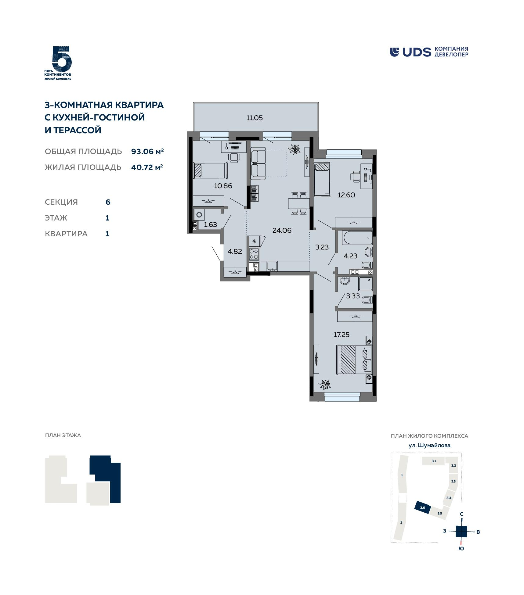 4-комнатная 93 м2 в ЖК 5 Континентов корпус null этаж 1