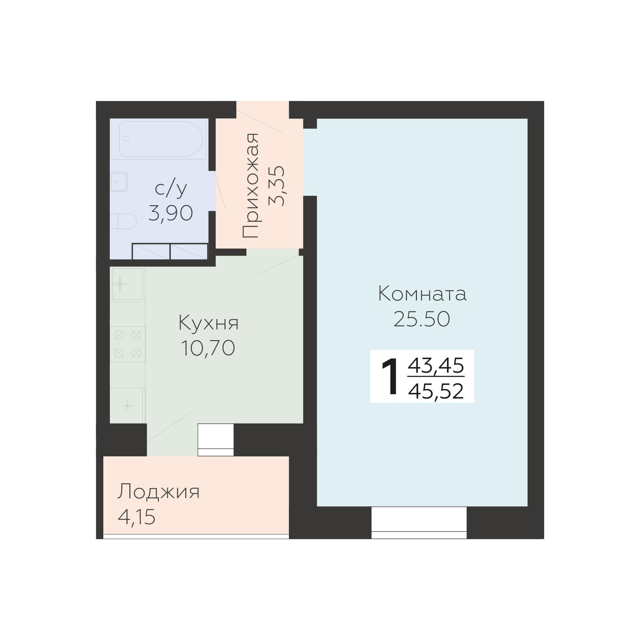 1-комнатная 45 м2 в ЖК Nova парк корпус null этаж 3