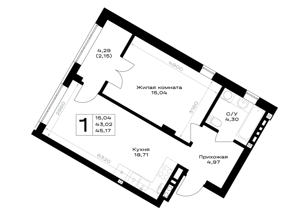 1-комнатная 45 м2 в ЖК Включи корпус null этаж 3