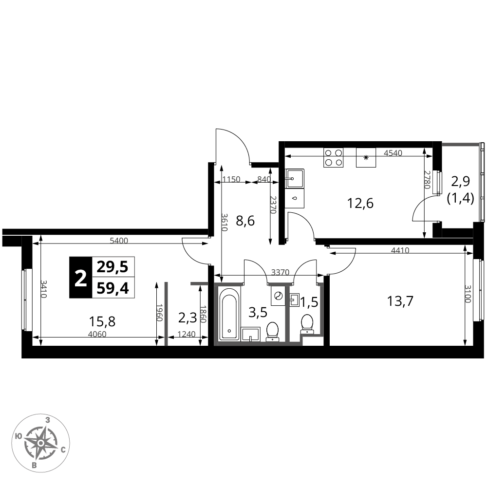 2-комнатная 59 м2 в ЖК 1-й Ясеневский корпус null этаж 2