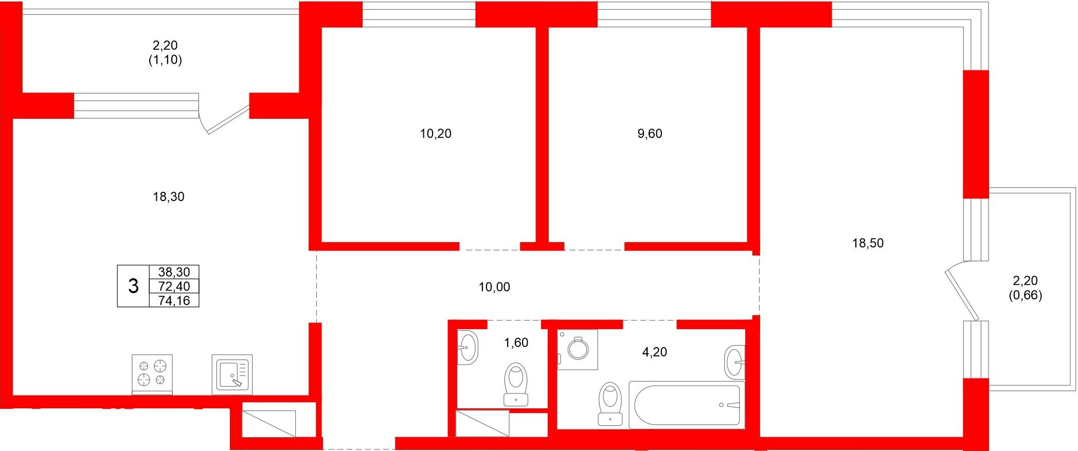 3-комнатная 74 м2 в ЖК PLUS Пулковский корпус null этаж 3