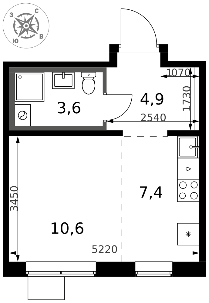 Студия 26 м2 в ЖК 1-й Южный корпус null этаж 14