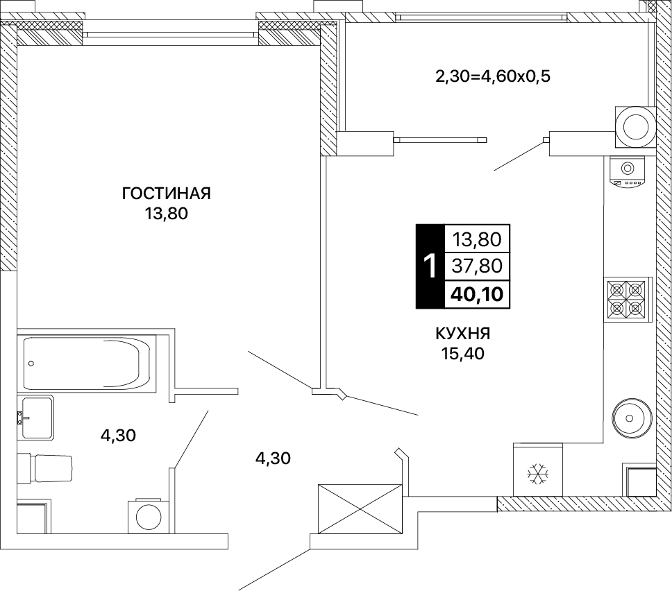 1-комнатная 40 м2 в ЖК Сияние корпус null этаж 2
