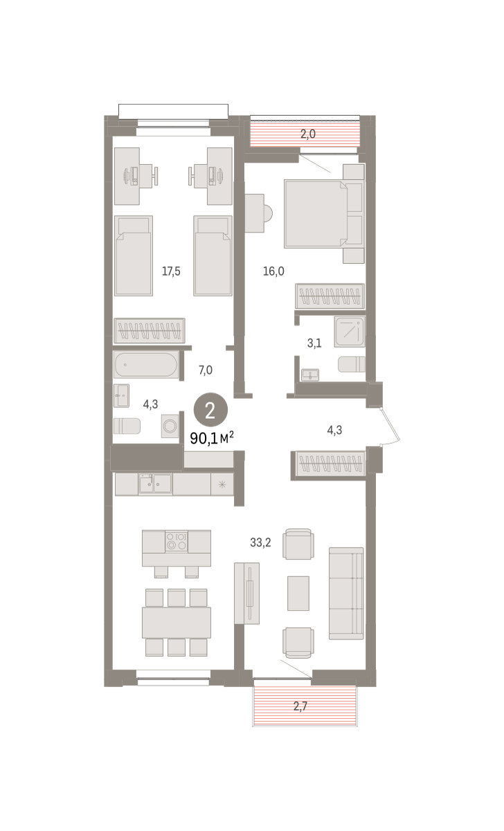 2-комнатная 88 м2 в ЖК Речной порт корпус null этаж 7