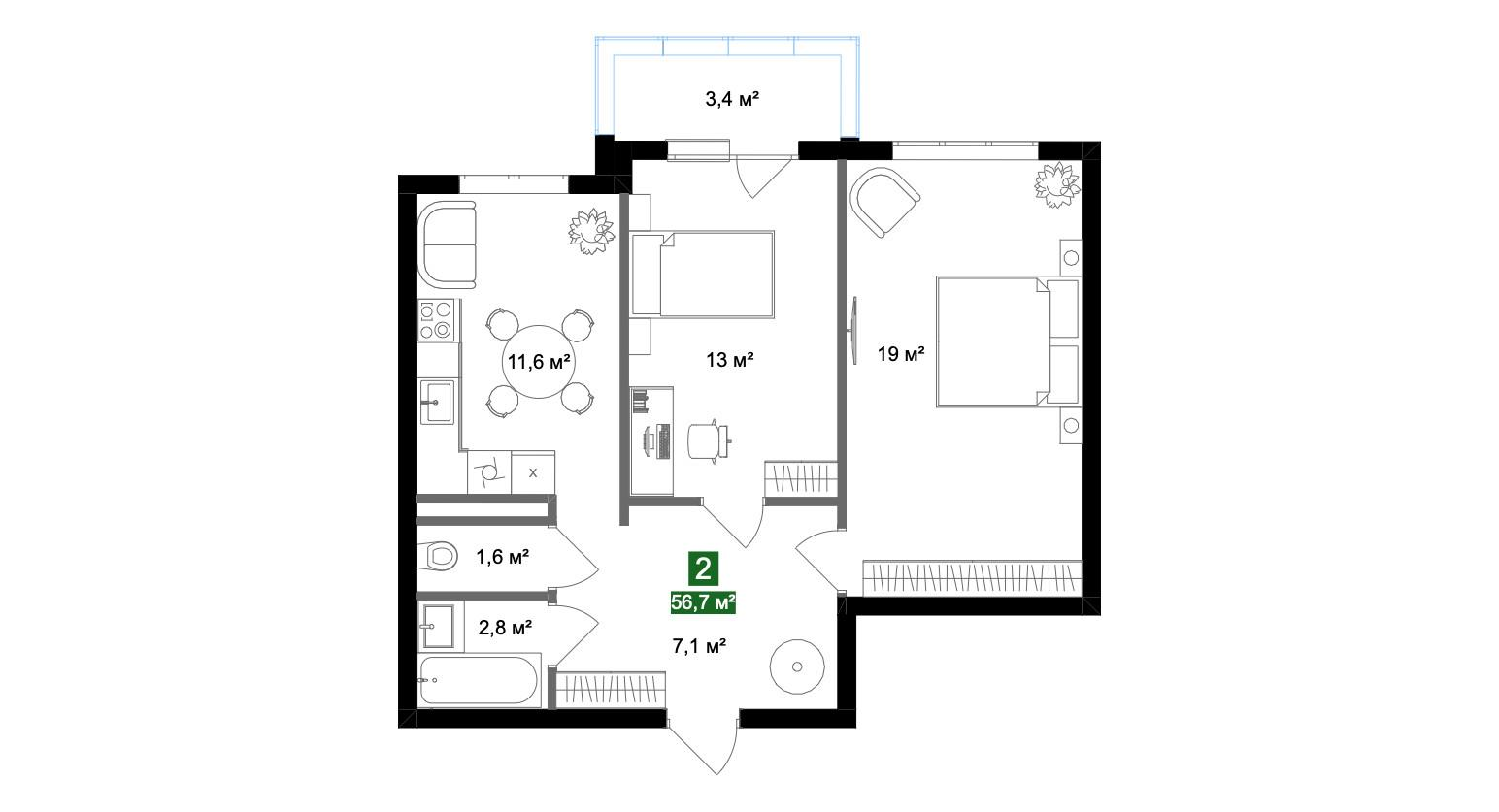 2-комнатная 49.9 м2 в ЖК undefined корпус null этаж 7
