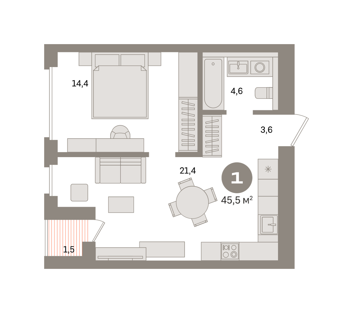 1-комнатная 45 м2 в ЖК Северный ветер корпус null этаж 10