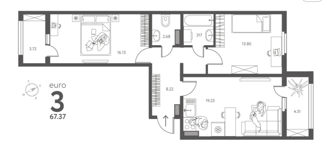2-комнатная 67.4 м2 в ЖК undefined корпус null этаж 12