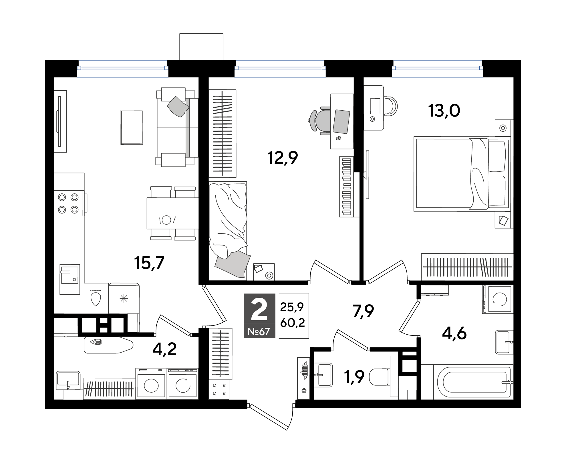 2-комнатная 59 м2 в ЖК Догма Парк корпус null этаж 9