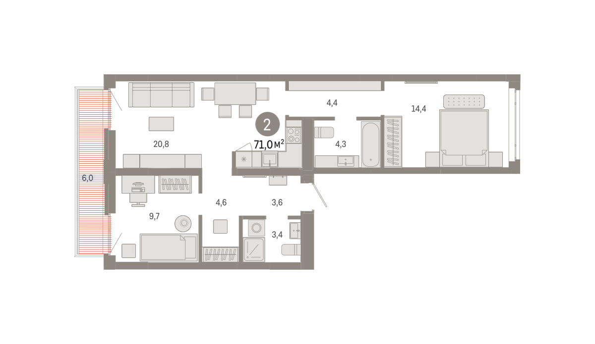 2-комнатная 70 м2 в ЖК Республики 205 корпус null этаж 6