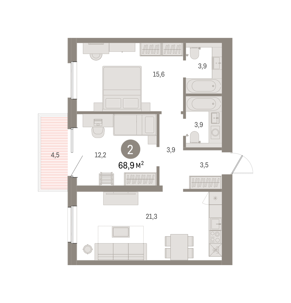 2-комнатная 68 м2 в ЖК Северный ветер корпус null этаж 6