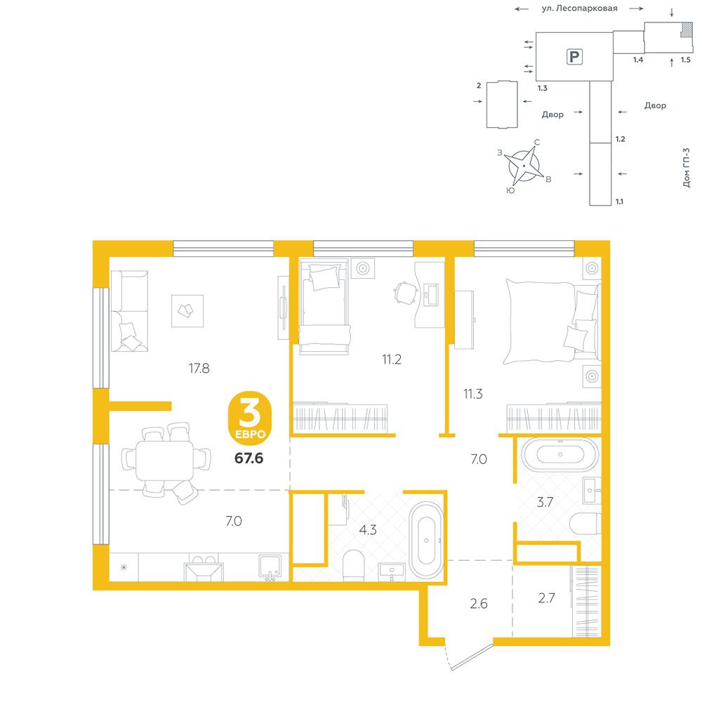 2-комнатная 67 м2 в ЖК Чистые пруды корпус null этаж 22